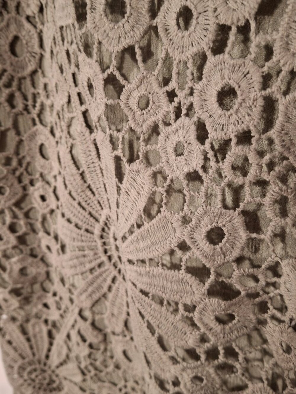 Boutique Sage Green Crochet Lace Tunic Top Size L Boho Bell Sleeve Sheer Overlay - Picture 5 of 6